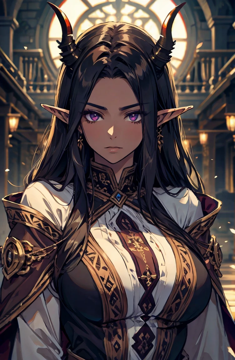 brown skin, older woman, sexy, tall, brown skin, one wing, black hair, elf, elf ears, horns, dark clothing, purple clothing