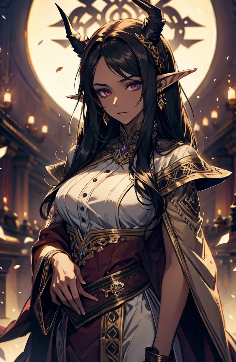 brown skin, older woman, sexy, tall, brown skin, one wing, black hair, elf, elf ears, horns, dark clothing, purple clothing