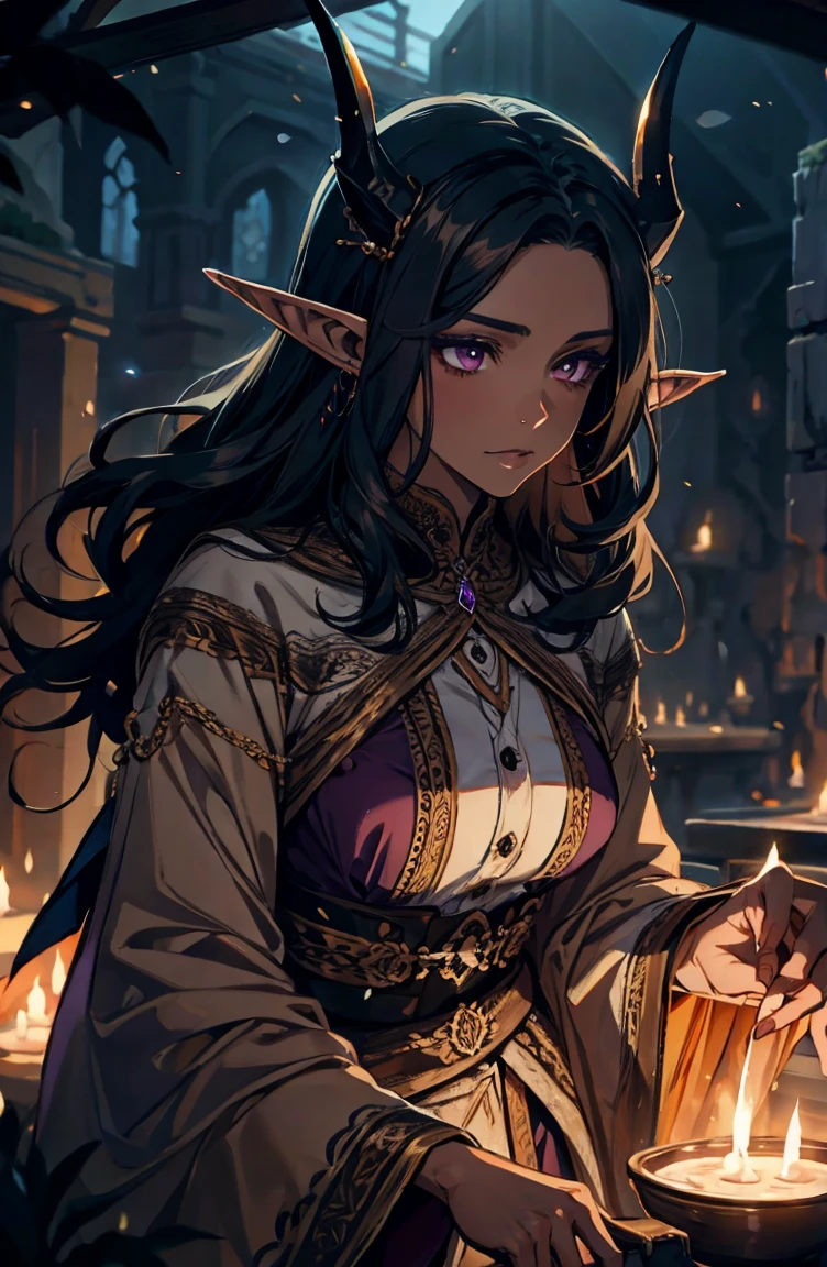 brown skin, older woman, sexy, tall, brown skin, one wing, black hair, elf, elf ears, horns, dark clothing, purple clothing