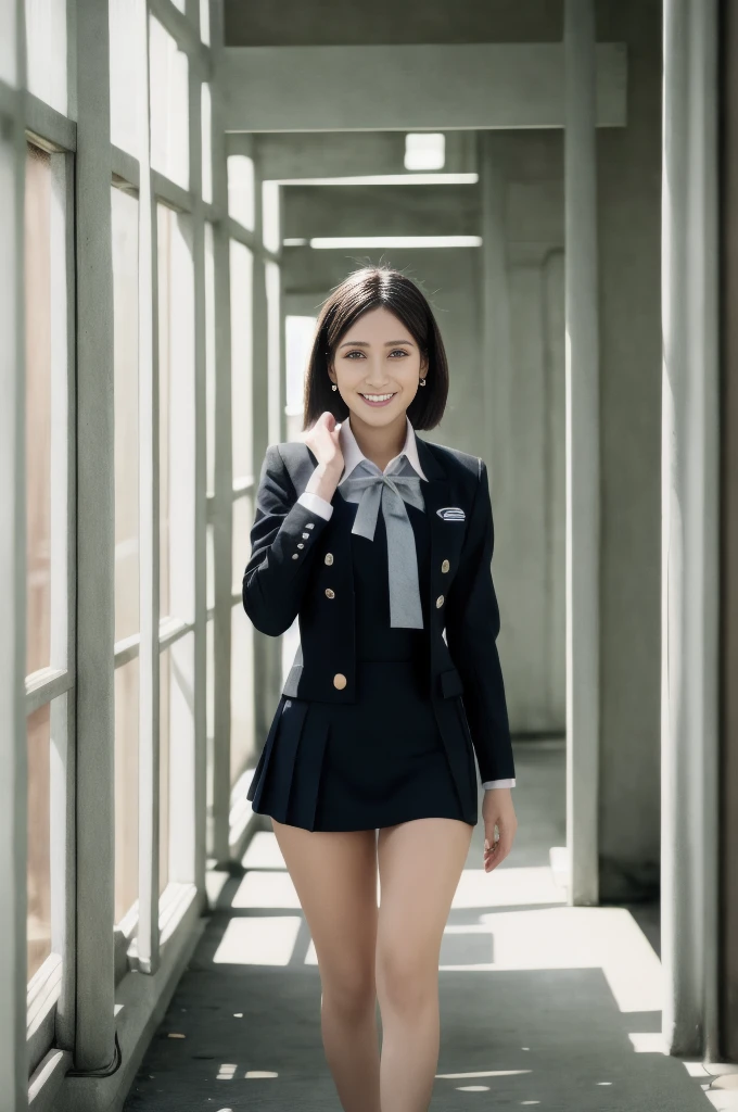 School uniform, shirt, blazer, ribbon tie, skirt, school, hallway in front of classroom, chest protruding pose, 8K RAW photo, high resolution, 25 year old Japanese, very big round breasts, beautiful eyes in detail, long eyelashes, beautiful double eyelids, eyeshadow, eyeliner, slit eyes, elongated eye shape, sanpaku eyes, dark eye makeup, evil smile, beautiful thick legs, random short hair, tie hair behind the head, earrings, bright brown hair,