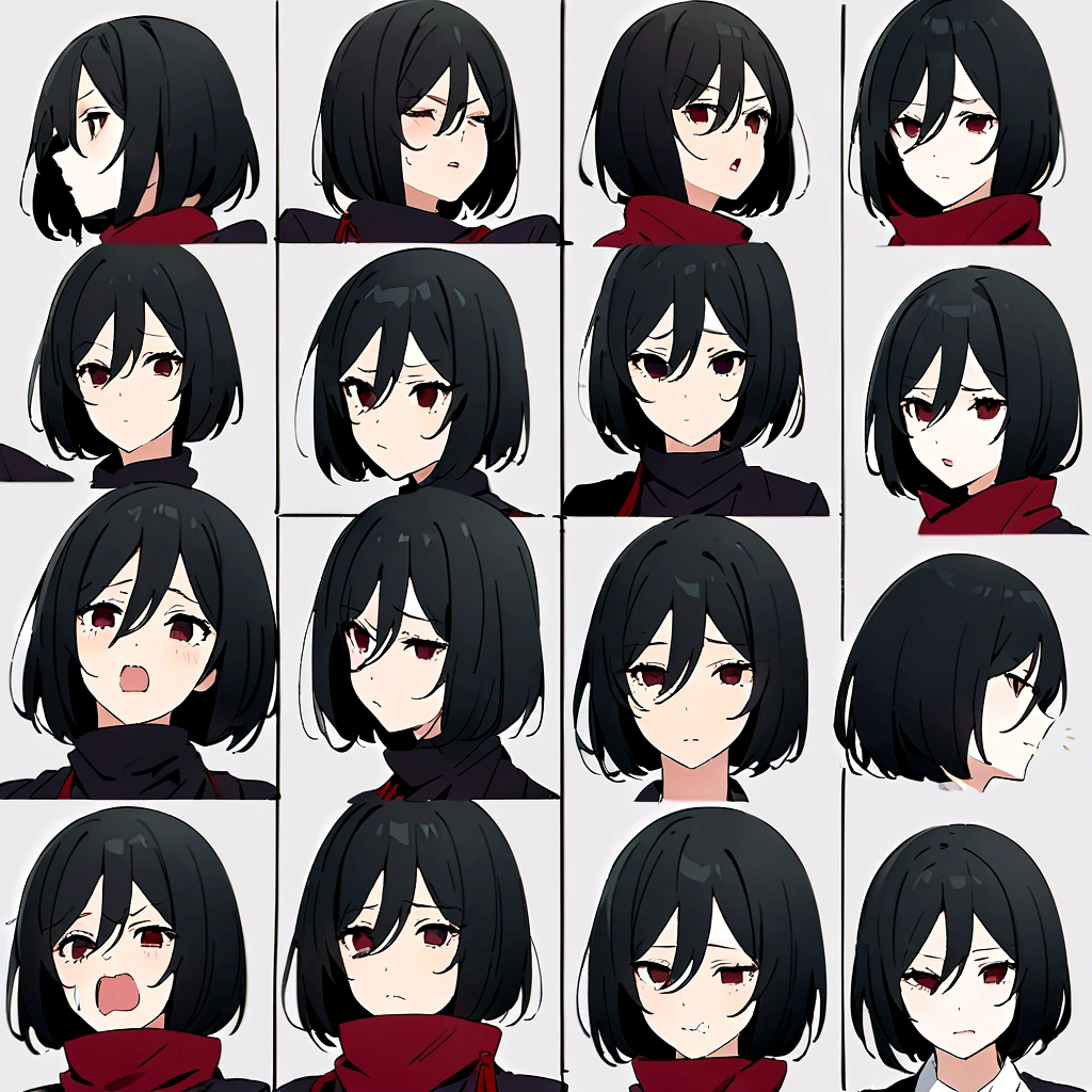 Mikasa Ackerman,Three-quarters view from the right,Gray background,Facial expression expressions,the same person,9 facial expressions,grid,微lol,lol,cry,tired,狡黠的假lol,Shy,Bad temper,surprise,Fear,rest, T 恤,best quality,masterpiece,Very detailed,Very detailed,8K
