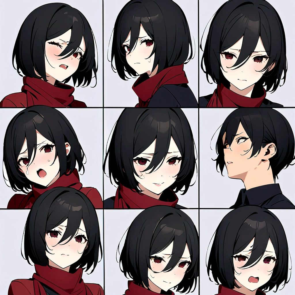 Mikasa Ackerman,Three-quarters view from the right,Gray background,Facial expression expressions,the same person,9 facial expressions,grid,微lol,lol,cry,tired,狡黠的假lol,Shy,Bad temper,surprise,Fear,rest, T 恤,best quality,masterpiece,Very detailed,Very detailed,8K