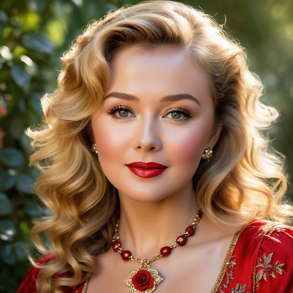Create a highly detailed and realistic portrait of a young Debbie Reynolds with long, wavy blonde hair adorned with red roses. She has striking, expressive eyes and a calm, composed expression. She is wearing a vintage-style outfit with a necklace featuring a pendant. The background is a soft-focus natural setting with warm, dappled sunlight filtering through the leaves, enhancing the serene and romantic atmosphere. The style should be hyper-realistic with a touch of romanticism. Photo Realistic photo, vibrant colors, 16k