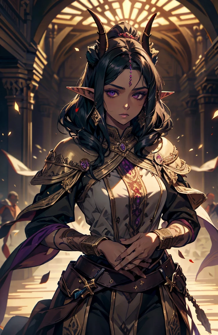 brown skin, older woman, sexy, tall, brown skin, one wing, black hair, elf, elf ears, horns, dark clothing, purple clothing