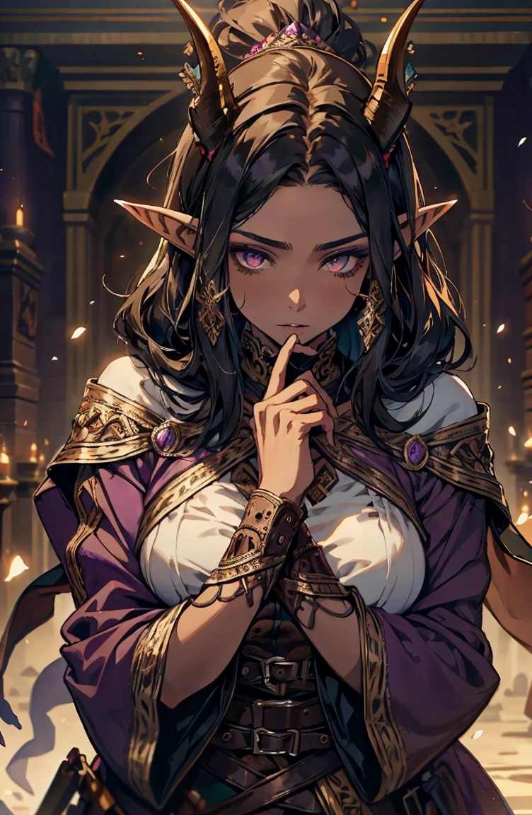 brown skin, older woman, sexy, tall, brown skin, one wing, black hair, elf, elf ears, horns, dark clothing, purple clothing