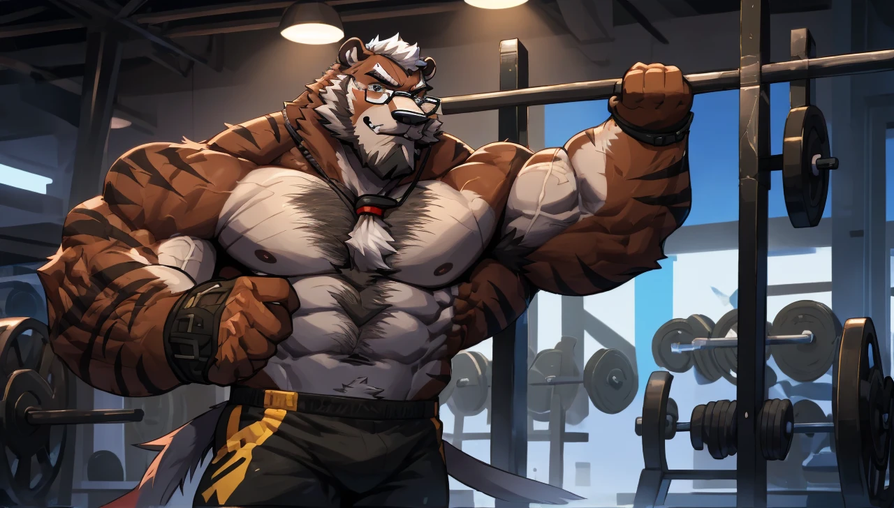 solo, 1boy, Huge Muscular Old Grizzly Bear wearing glasses , pectoral, huge pectoral, wide pectoral, short white hair, short pants black wristbands and shirtless topless, bearded, Mustache, gym background, masterpiece, high detailed, 8k, high resolution, at the gym pull-ups