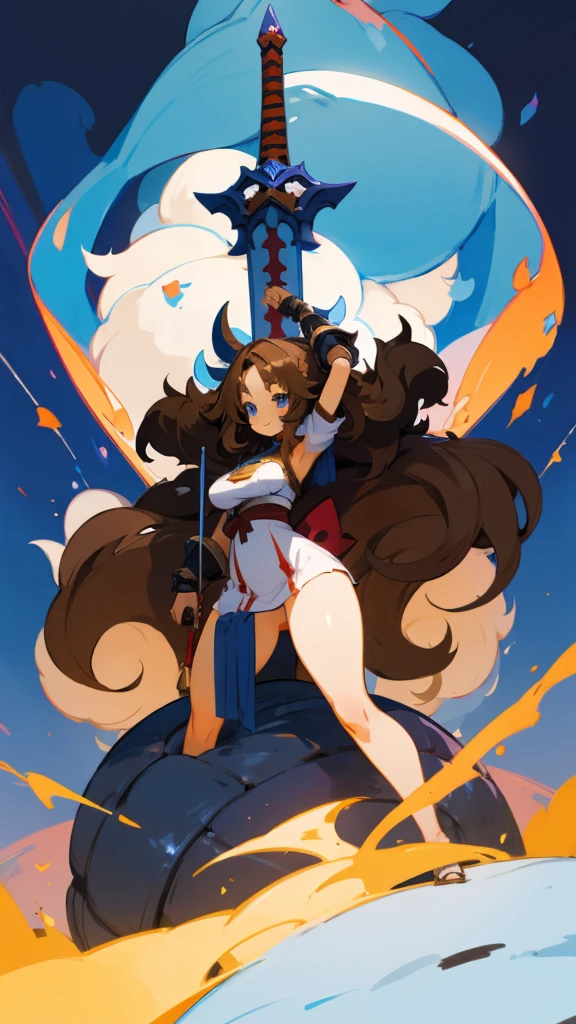 Anime, 1 girl, huge Brown hair, fluffy hairstyle, blue eyes, busty, gorgeous plump body, thicc hips, heavy armored, fluffy skirt,  Holding a gigantic sword in hand, she had dragon wings, she had a large tail, smiling