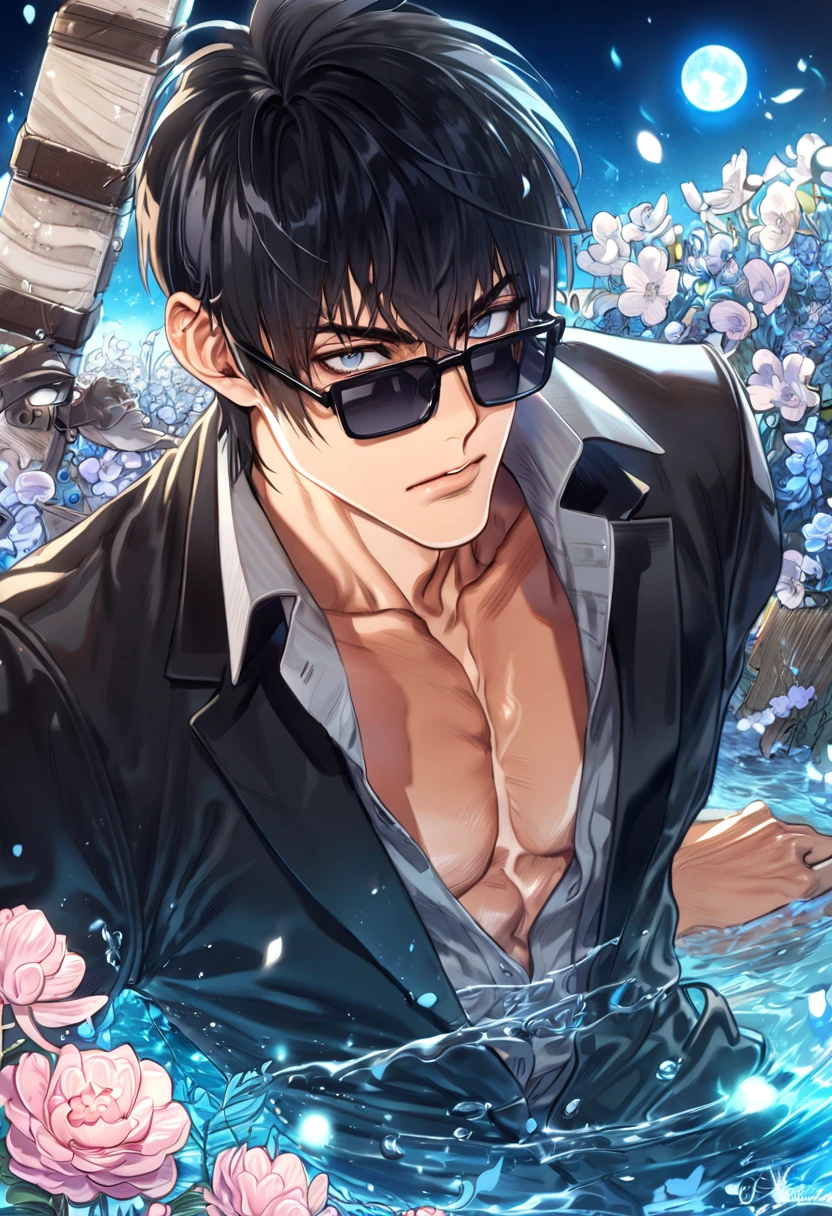 absurdres, highres, ultra detailed, HDR, master piece, Nicholas D. Wolfwood, black hair with bangs, expressive grey eyes, black sunglasses, black jacket, Trigun, sexy man, handsome, best quality, blue moon, flowers, fantasy, magical, solo, water, blue shining fireflies, grey shirt, blue petals, toned chest