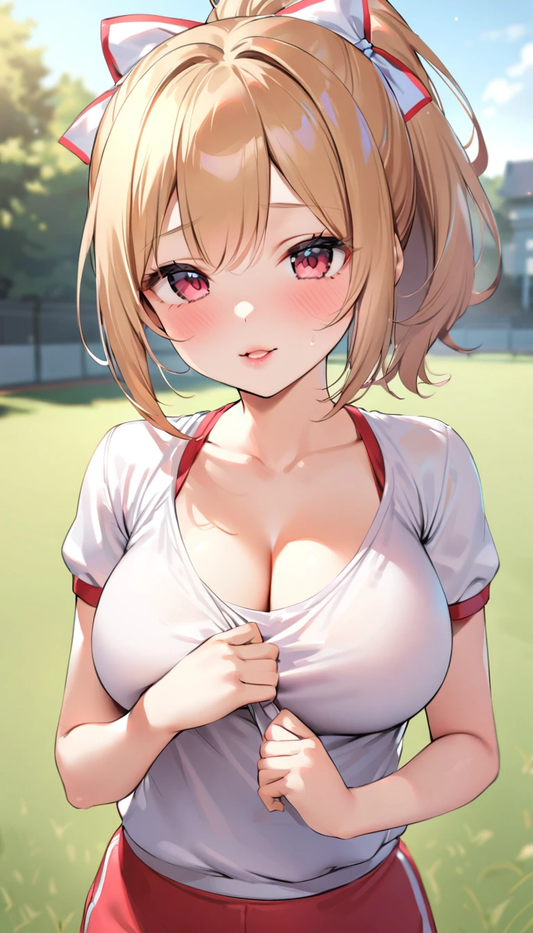 {{{{{16k,Ultra High-resolution realistic photograph of neat virgin first-year junior high school girl's in School-designated gym uniform with junior high ribbon as pretty as a actress in Grass schoolyard, She's in the first year of middle school, but she's too well developed, her cleavage tits are too beautiful, Her bra is showing through under her gym clothes, Aura of being irresistible, but a virgin}}}}},{{Extremely detailed}},{{{{{dye her cheeks flush and integrated her head pure small, thick lips, Enchanting thick gross idol's Lips, She's a volleyball player so she has big boobs}}}}},{{{{{the bang ponytail hair}}}}},{{{{{She get more attractive and smoother her body, her expression and appearance are transformed into that of a pure, Her white tits are so fluffy, and are depicted in great detail, but her sex appeal from her cleavage fills the schoolyard, her bodyline and tits and hips are getting cuter and cuter, She has been reborn as a pretty one-in-a-thousand-year girl with a sparkling aura of cuteness}}}}}