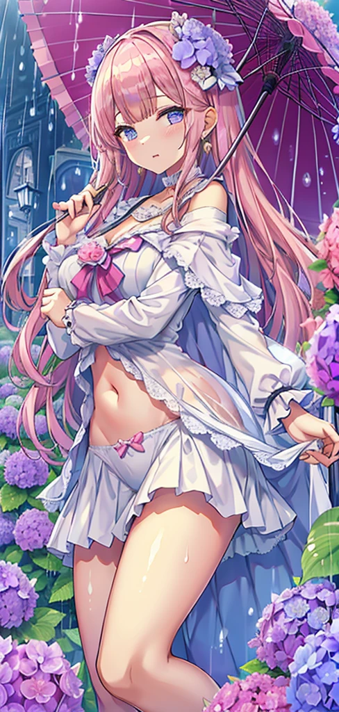 Masterpiece、Highest quality、Super detailed、1 girl、Light pink hair、Fluffy and soft long hair、Starry eyes、Big Tits、Cleavage、Sailor suit、Lace cape、Frills、ribbon、hydrangea、cute umbrella、rain、梅rain、Belly button、hydrangeaのヘアアクセ、Earrings、choker、underwear