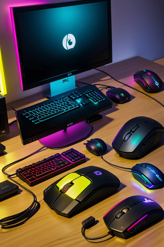 On a table several components of a gamers PC, from headphones and mouse, even cpu stuff. You have to be colorful, and with striking effect