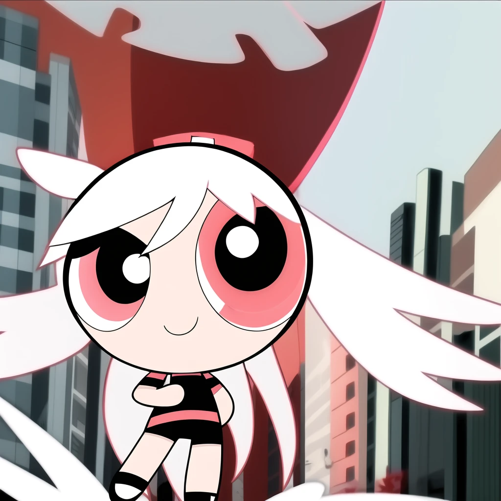 smile,chibi, full body, 1girl, white hair, red pink eyes, black short sleeve shirt, black shorts,