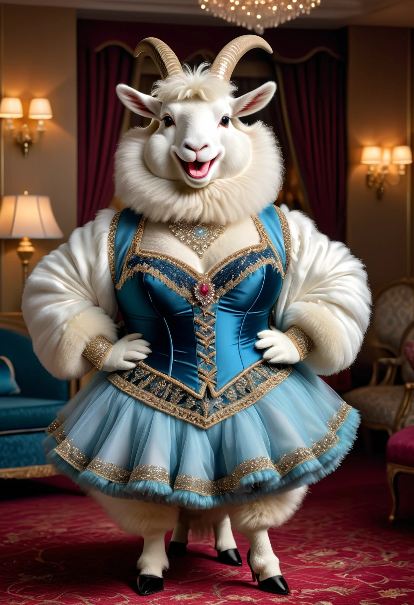 photorealistic portrait of Dressed animals - a (fat) ((angora goat)) dancer,(furry), (elegant pose:1.5), (hands on hips:1.5),(smile:1.5),high quality,(happy),(lovely) ,intricate details, Wearing bustier, (), highly detailed ((bustier)) ,highly detailed decorations of clothes, Fishnet panty horse , (happy), soft lighting,(full body image:1.5),luxury hotel room background,(high heels),