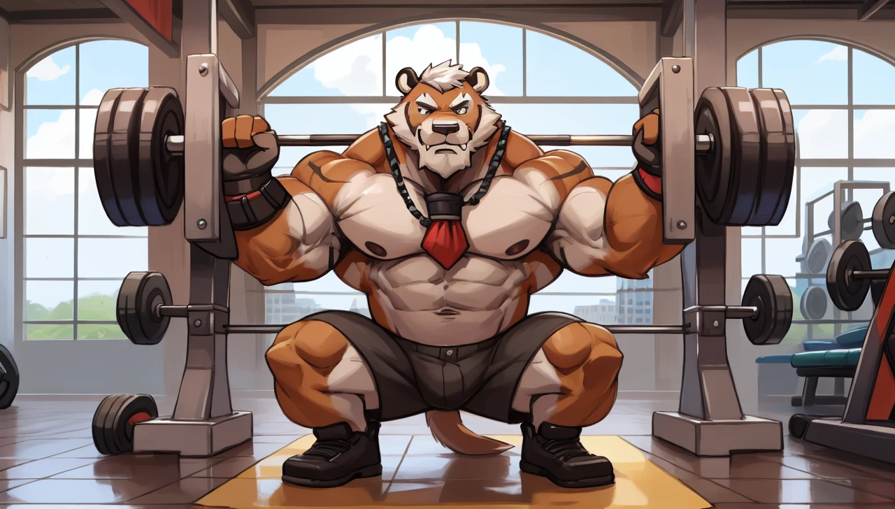 solo, 1boy, Huge Muscular Old Grizzly Bear wearing glasses , pectoral, huge pectoral, wide pectoral, short white hair, short pants black wristbands and shirtless topless, bearded, Mustache, gym background, masterpiece, high detailed, 8k, high resolution, at the gym, squatting
