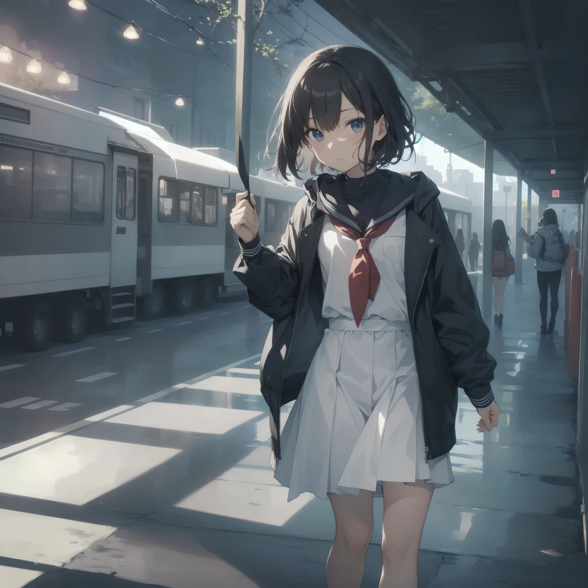 ultra-absurdres-Top quality by artist God, ultra-detailed, high resolution, anime moe artstyle, best anime 8k konachan wallpaper, pixiv contest winner, pool:2810, perfect anatomy,break, 1girl, (Please draw a girl walking sleepily to school alone. )break,(Solo,little female, 13-year-old:1.3),Full limbs, complete fingers,a junior high school student, (very short hair), short cut, flat chest, , small butt, small black eyes, beautiful detailed eyes, well-proportioned iris and pupils, expressive eyes, highres detailed hair, soft expression, salor school_uniform, sailor collar, serahuku, bow, pleated skirt,(Detailed Lighting), (Detailed background), in the School commute route. break,super detailed skin, Best cinematic lighting powered by famous artist, 8k,beauty illustration,photoshop_(medium),very aesthetic,break,((artist:konoshige_(ryuun) )), artist:clamp ,artist:carnelian ,artist:kantoku ,