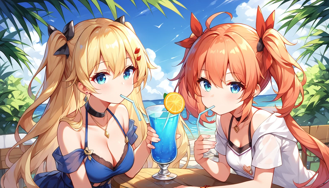 ((2girls:1.3)), ((moe style:1.3)), laffey_(azur_lane), javelin_(azur_lane), ((casual wear:1.3)), ((drinking:1.3)), ((perfect face)), ((extremely cute:1.3)), ((masterpiece:1.3)), ((8k)), ((best quality:1.3)), ((beautiful)), ((extremely detailed:1.3)) , ((absurdres)), AddXL, ((score_9:1.3)), ((score_8_up:1.3)), ((score_7_up:1.3))