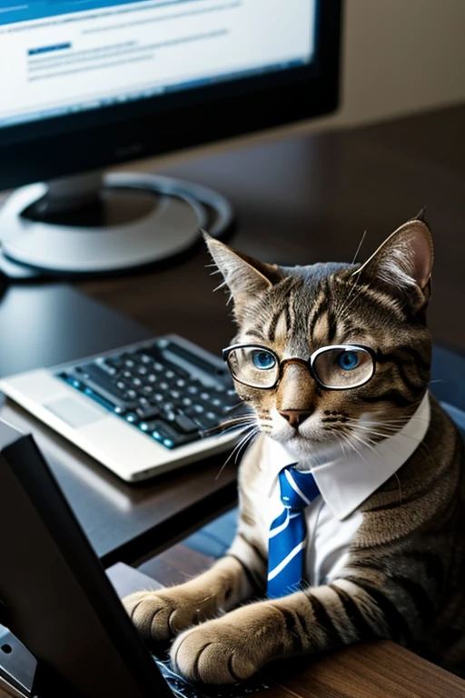 Image of a cat with glasses and tie sitting with a computer looking at the computer 