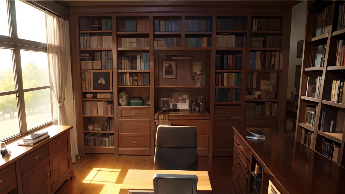 A narrow, dark study filled with bookshelves、There is one desk with a PC in the center.、No people、Horizontal Perspective