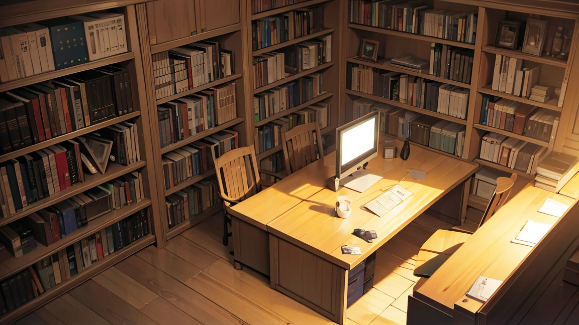A narrow, dark study filled with bookshelves、There is one desk with a PC in the center.、No people、Horizontal Perspective