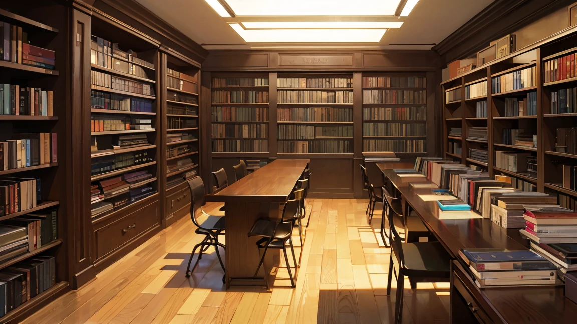 A narrow, dark study filled with bookshelves、There is one desk with a PC in the center.、No people、Horizontal Perspective