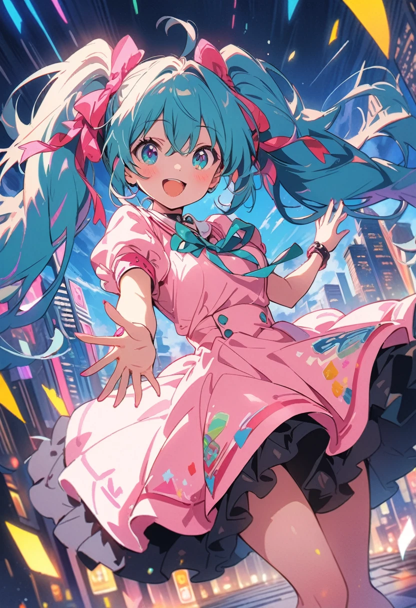 (Highest quality,4K,8K,High resolution,masterpiece:1.2),Very detailed,Vibrant colors,Beautiful details,Beautiful lip detail,e girl with long turquoise twin tails,stylized cel shading,Dynamic pose,Neon cityscape background,Singing on the rooftop,Anime-style artwork,Happy and cheerful expression,Lens flare,The city lights in her eyes,hatsune miku