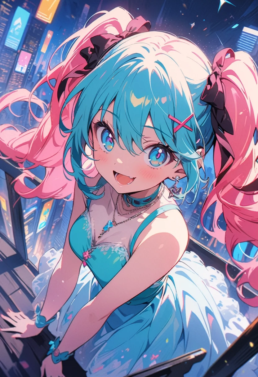 (Highest quality,4K,8K,High resolution,masterpiece:1.2),Very detailed,Vibrant colors,Beautiful details,Beautiful lip detail,Cute girl with long turquoise twin tails,stylized cel shading,Dynamic pose,Neon cityscape background,Singing on the rooftop,Anime-style artwork,Happy and cheerful expression,Lens flare,The city lights in her eyes,hatsune miku