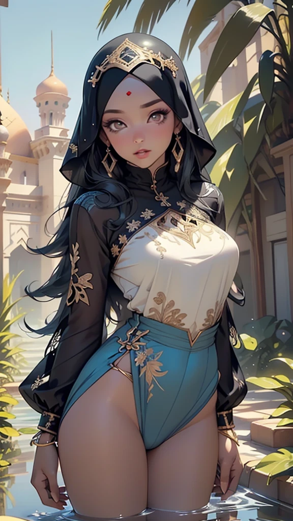 arabian girl,1girl,((((black race)))),

(large breasts:1.4),((((black hair,colored inner hair)))),(((brown_eyes:1.3))),intricate eyes,beautiful detailed eyes,symmetrical eyes,((((tan,dark skin,black skin:1.35,dark-skinned_female,dark skin:1.3,ebony skin,lustrous skin:1.5,bright skin: 1.5,shiny skin,very shiny skin,shiny body)))),,(spider lower abdomen,narrow waist,wide hip,athletic body,inflated legs,thick thighs,(detailed face)),beautiful detailed lips,

cute,slutty,sensual,seductive look,seductive,((erotic)),opulent,sumptuous,((nsfw)),

(hijab:1.5),arabic style headdress, egyptian light clothes,((arabian warrior:1.5),Gold embroidery and jewelry),arabian accessories,(arabian jewelry in her arms),earrings,(((eyeshadow,arabian makeup,eyelid makeup))),(((blue clothes,blue outfit,wet clothes,intricate outfit,embroidered outfit,ornate outfit,intricate cloth,embroidered cloth,ornate cloth))),

(dynamic pose:1.3), looking at viewer,embarrassed,centered,scale to fit dimensions,Rule of thirds,

outdoors,(Arab palace,Arab palace background,pyramids in the background),scenery,(oasis,oasis background),extremely scenery,(puddles everywhere,moss,moss on the background),clouds,Arab style,Arab castle,lily pads,palms,reeds,(sunset, golden hour),

(Glossy Arab ornaments),highres,sharp focus,(ultra detailed,extremely detailed),(photorealistic artwork:1.37),(extremely detailed CG unity 8k wallpaper),(((vibrant colors,vibrant theme))),(intricate),(masterpiece),(best quality),artistic photography,(photography taken by sldr),(intricate background),perfect rendered face,perfect face details,realistic face,photo realistic,((intricate detail)),(((realism))),
