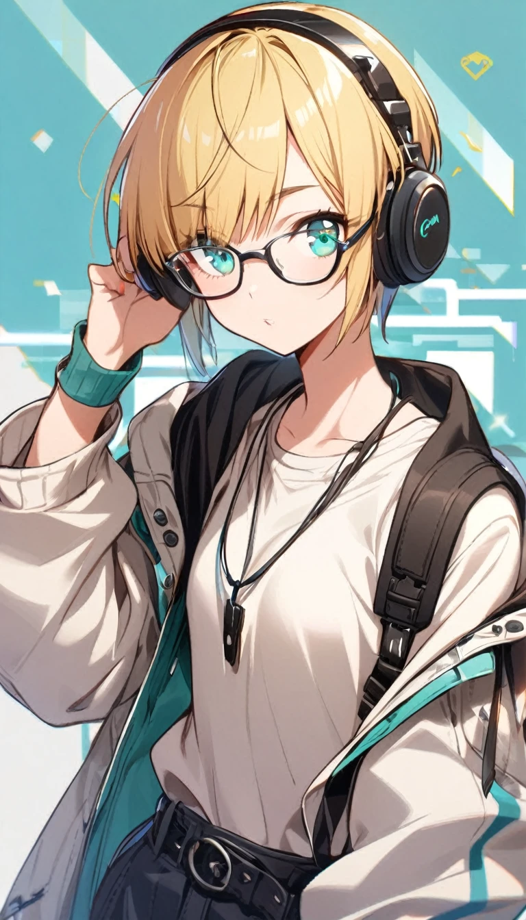 1girl, boyish, wearing glasses, aqua eyes, blond hair, short hair, headphone