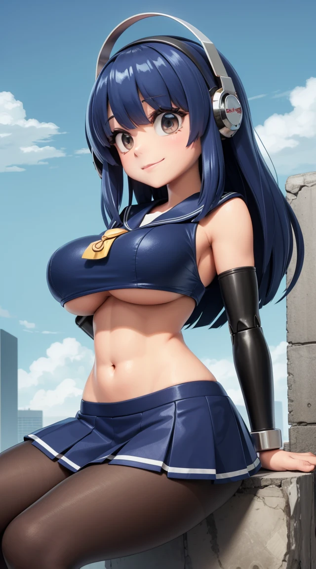 (cabello despeinado), (illustration), retrato, (fondo de ciudad futurista), (arms behind back), Cintura delgada, gran sonrisa, ojos detallados, abdominales fuertes, chica delgada, strong abs, muscle girl, front pose, big thighs, focus on face, big breast, large city background, blue hair, sailor uniform, skirt, sit on rock, detailed vagina, nude, heavy armor suit, mecha musume, mechanical parts, robot joints