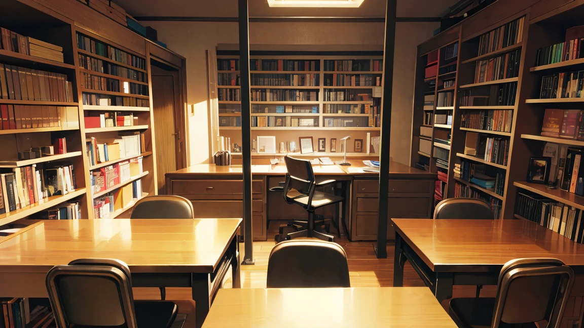 Bookshelf、A narrow and dark study、There is one desk with a PC in the center.、No people、Horizontal Perspective