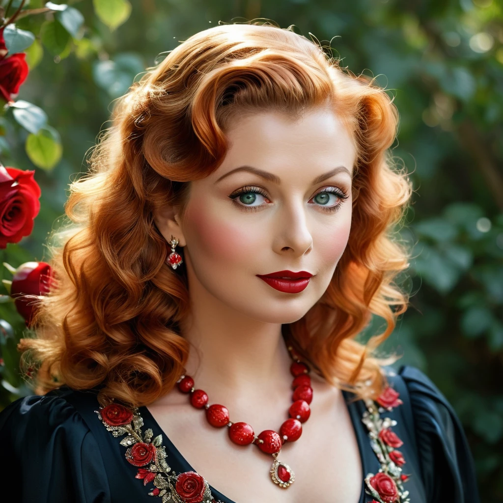 Create a highly detailed and realistic portrait of a young Lucille Ball with long, wavy red hair adorned with red roses. She has striking, expressive eyes and a calm, composed expression. She is wearing a vintage-style outfit with a necklace featuring a pendant. The background is a soft-focus natural setting with warm, dappled sunlight filtering through the leaves, enhancing the serene and romantic atmosphere. The style should be hyper-realistic with a touch of romanticism. Photo Realistic photo, vibrant colors, 16k