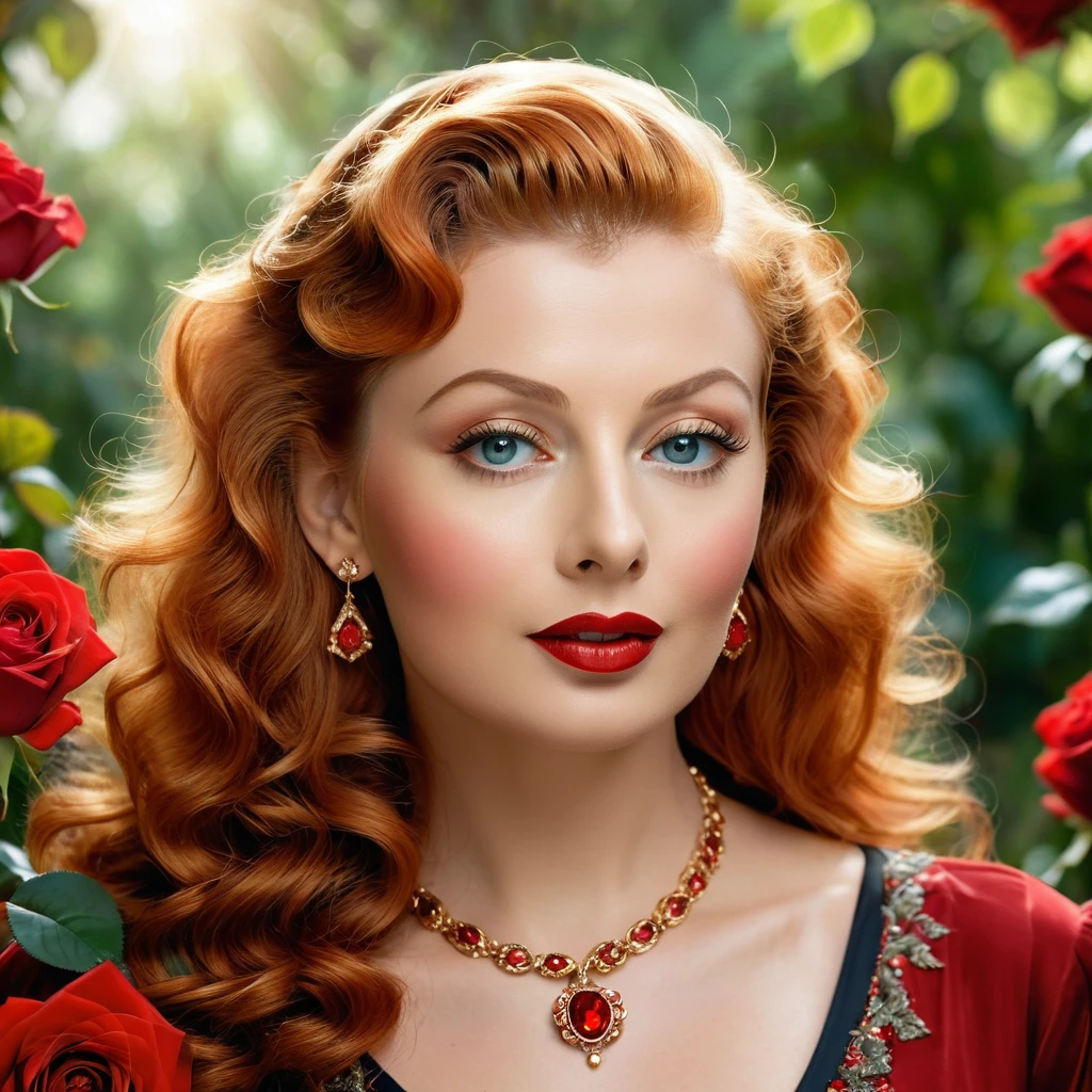Create a highly detailed and realistic portrait of a young Lucille Ball with long, wavy red hair adorned with red roses. She has striking, expressive eyes and a calm, composed expression. She is wearing a vintage-style outfit with a necklace featuring a pendant. The background is a soft-focus natural setting with warm, dappled sunlight filtering through the leaves, enhancing the serene and romantic atmosphere. The style should be hyper-realistic with a touch of romanticism. Photo Realistic photo, vibrant colors, 16k