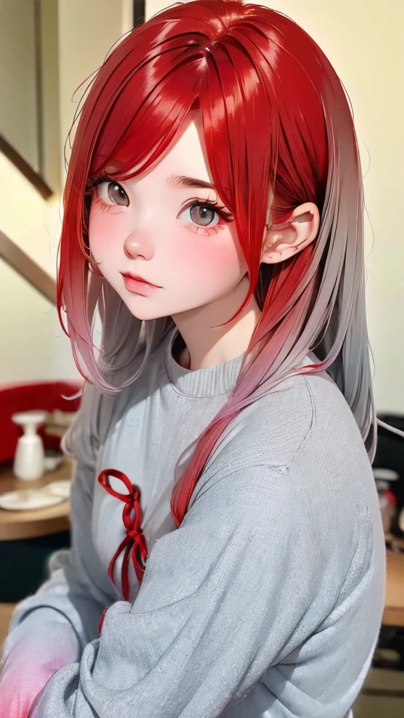 (((Gray Hair)))、(((Turning into a redhead:1.2)))、(((Beautiful gradient hair:1.2)))、One Girl、、big red ribbon hair ornament、Cute face、Baby Face、Natural look、Casual costume、Simple Background、Blurred Background、masterpiece:1.5、Highest quality、Ultra-high resolution、Very detailed、８ｋ、