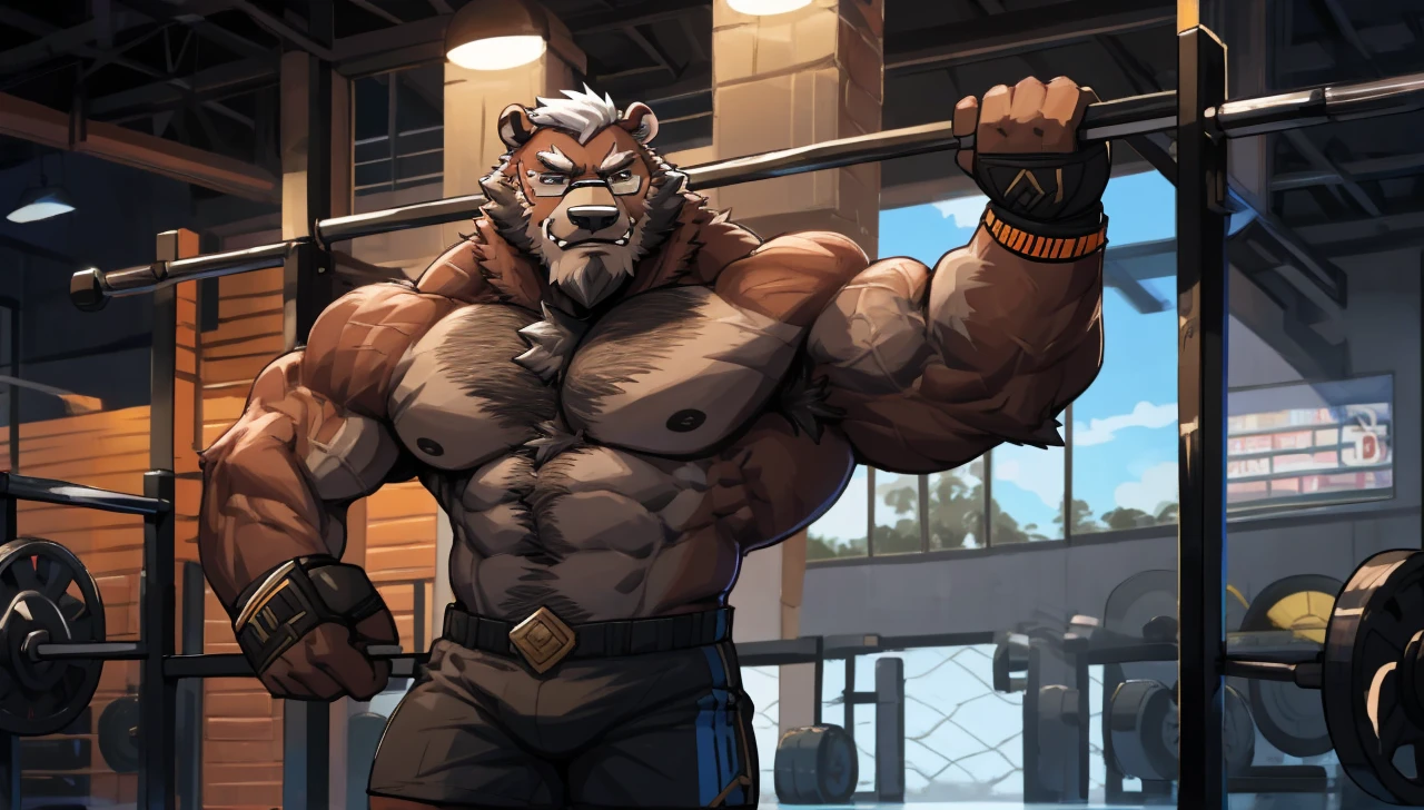 solo, 1boy, Huge Muscular Old Grizzly Bear wearing glasses , pectoral, huge pectoral, wide pectoral, short white hair, short pants black wristbands and shirtless topless, bearded, Mustache, gym background, masterpiece, high detailed, 8k, high resolution, at the gym pull-ups