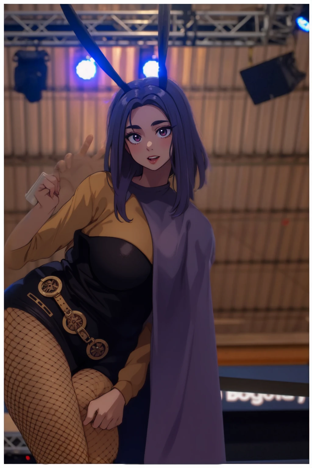 masterpiece, full body, 8k, ultra high definition, high quality, a young girl wearing a sexy outfit, fake bunny ears, purple fake hair, v sign with her fingers