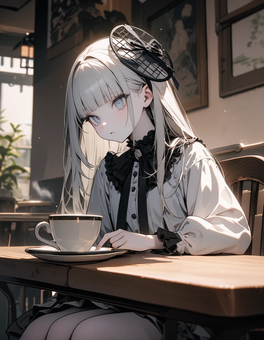 (8K, best quality, master piece: 1.2), super high resolution,1 girl,独奏,16yo,ultra-detailed face,detailed eyes,silver eyes,blunt bangs,silver hair,Straight Hair,Long Hair,pale skin,white long sleeve petal collar blouse,Tiered skirt,black Fascinator,expressionless,lash extension,parted lips,Rim Light,Sitting in a chair,A cake and a cup of tea on the table,Coffee shop