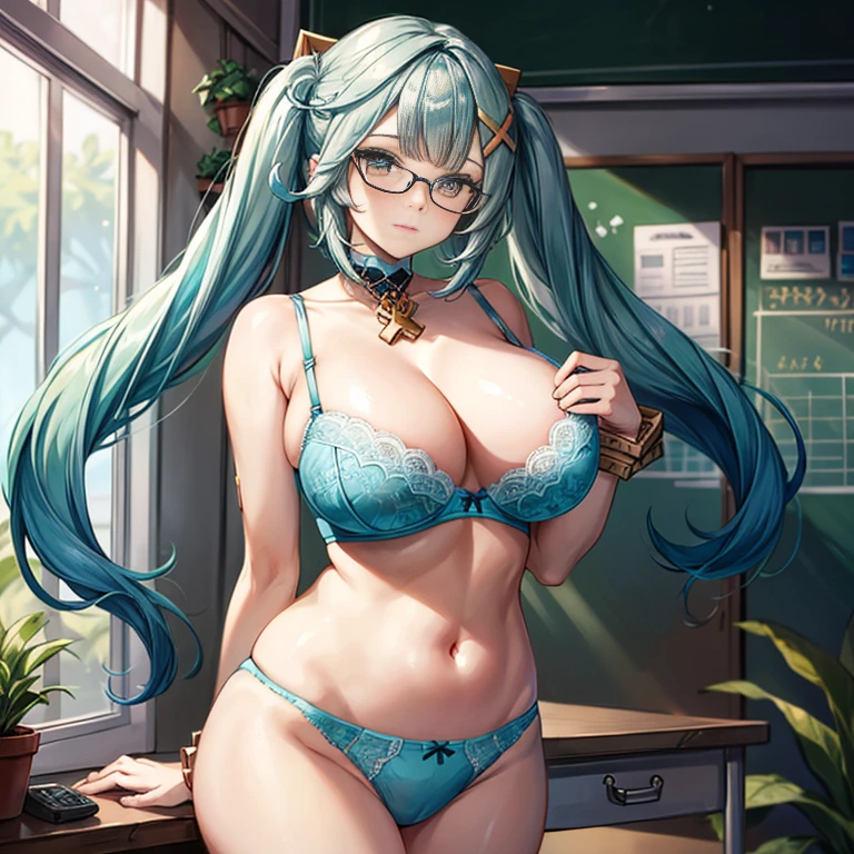 Thicc,((underwear,in bra and panties))) faruzan,long hair,((The hair is a turquoise gradient.)),multicolored eyes, gradient eyes,hair ornament, twin tails, x hair ornament, jewely, bracelet, glasses, ((school, technology room, Plants in the background)),wallpaper, huge tits, high quality, High resolution,