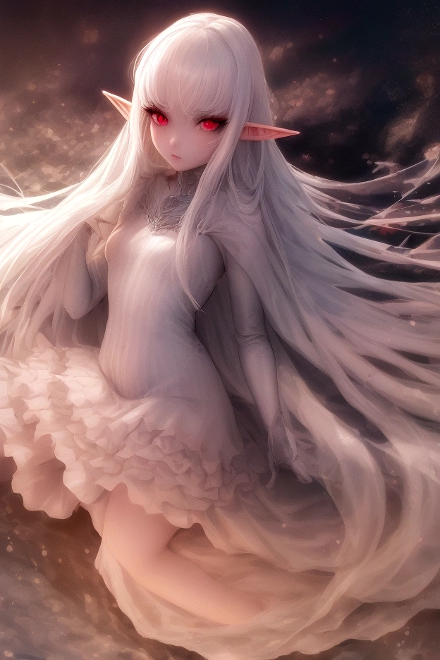 ((highest quallity)),(super verbose),(Fantasy art with precise details), (female elf),(beautiful and well-shaped face),(body small),(White medieval dress),(black cloack), (Make-up natural),(Bright PINK long hair), (Countless floating particles of soft light), (Eyes red)