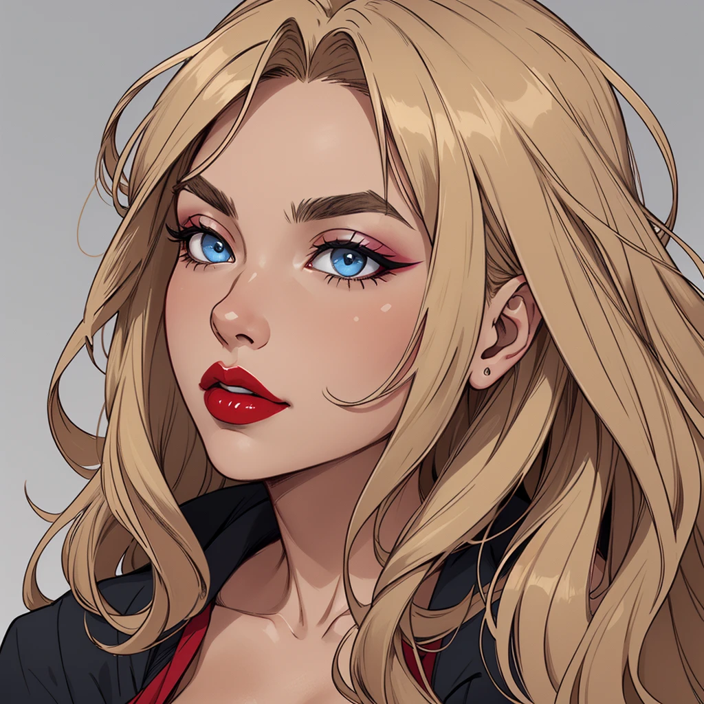 Flat colors, close-up, portrait, of a 40-year-old, sexy plumb looking girl, perfect makeup, red lipstick, perfect olive skin, ([blue eyes]) Long blondie hair, natural eyebrows natural beaty, beautiful, blouse, masterpiece, (([Simple grey background]))