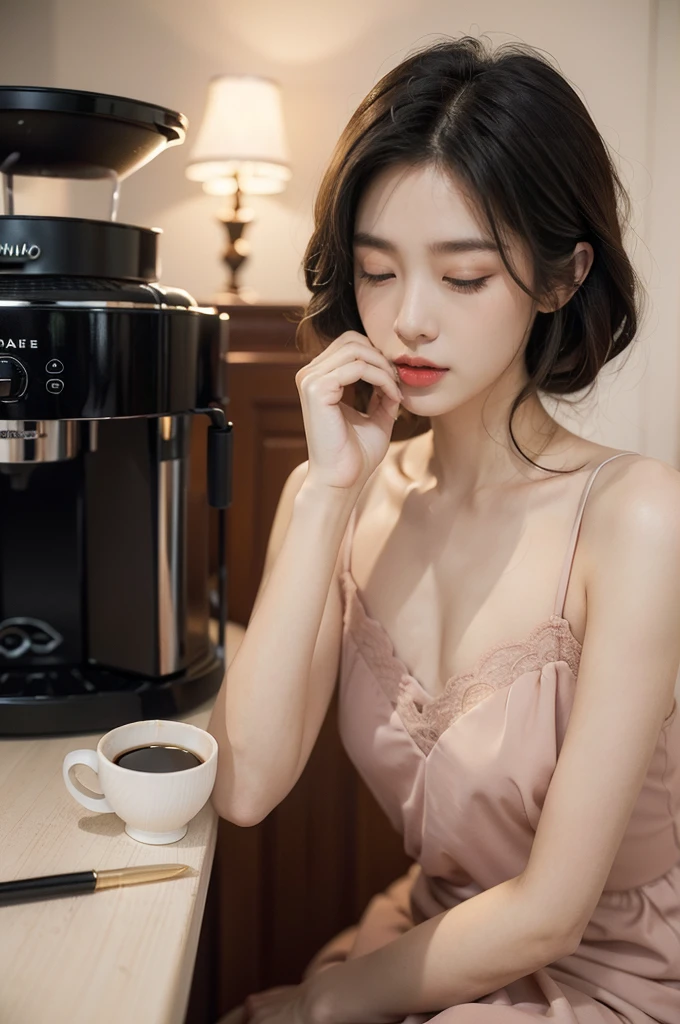 (((best quality))),(((ultra detailed))),(((masterpiece))),illustration,((1 beautiful young girl,solo,)),((slim,thin)),((small breasts,flat chest)),(shoulder length straight bob hair:1.2),(round face:1.2),delicate, sitting on the chair beside the dining table,cheongsam-style lace dress,luxurious, exquisite, smooth skin, delicate facial features, pouted lips, doll-like appearance,(a cup of coffee:1.3), blinking,((close eyes,open mouth,female orgasmic,blush,ahegao, tongue sticking out)), exhaling, soft light, warm glow, pitch-black kitchen, dim light, eerie atmosphere, mysterious, soft hum, air conditioner, ticking clock, tranquil, ominous, otherworldly feel,darkness, loneliness, unaware, world outside,(from front,upper body),(night scene:1.5)