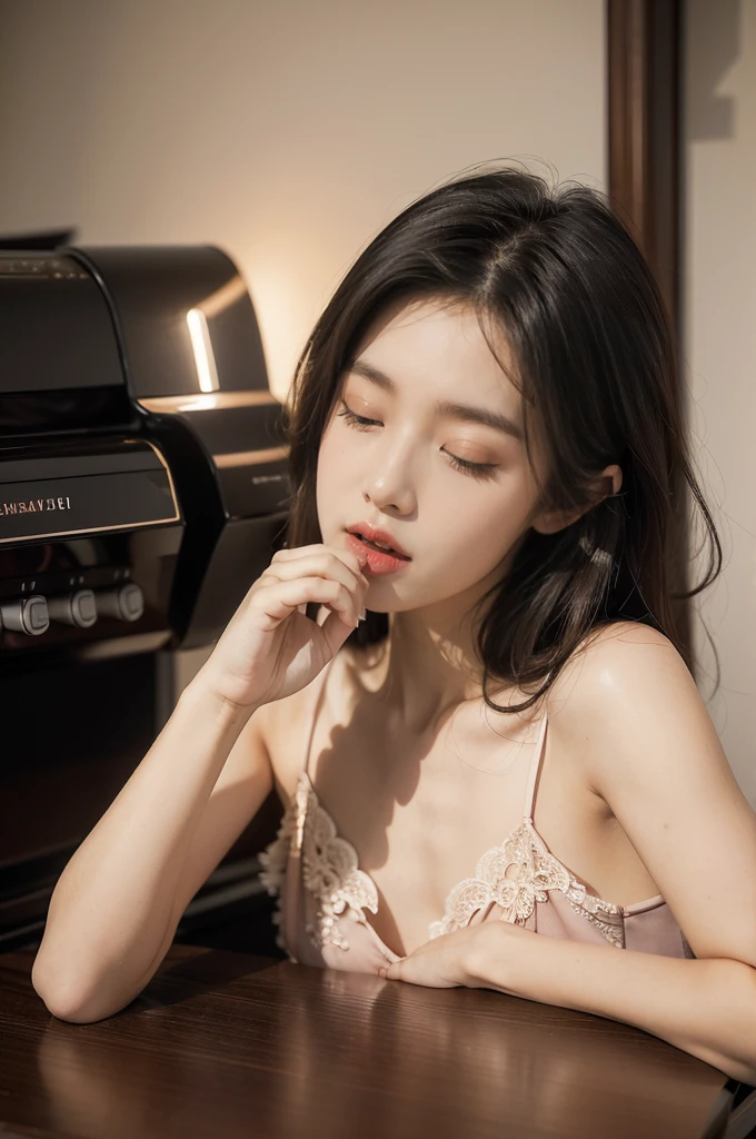 (((best quality))),(((ultra detailed))),(((masterpiece))),illustration,((1 beautiful young girl,solo,)),((slim,thin)),((small breasts,flat chest)),(shoulder length straight bob hair:1.2),(round face:1.2),delicate, sitting on the chair beside the dining table,cheongsam-style lace dress,luxurious, exquisite, smooth skin, delicate facial features, pouted lips, doll-like appearance,(a cup of coffee:1.3), blinking,((close eyes,open mouth,female orgasmic,blush,ahegao, tongue sticking out)), exhaling, soft light, warm glow, pitch-black kitchen, dim light, eerie atmosphere, mysterious, soft hum, air conditioner, ticking clock, tranquil, ominous, otherworldly feel,darkness, loneliness, unaware, world outside,(from front,upper body),(night scene:1.5)