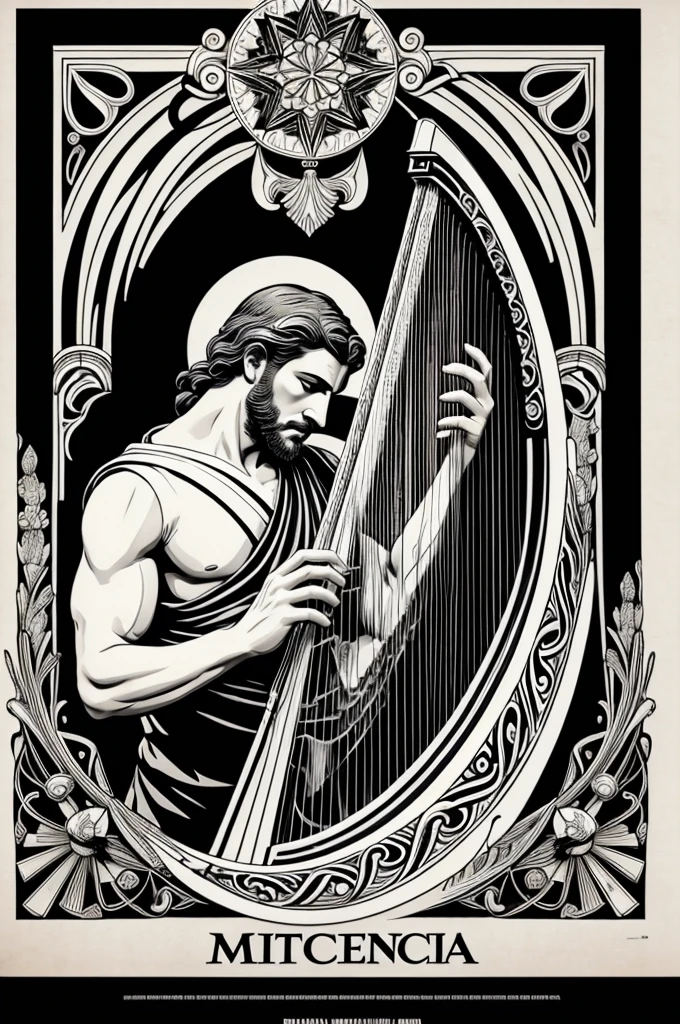 a black and white poster with a man holding a harp, oniric, graphic design poster, archaic, by Mirko Rački, official fanart behance hd, baroque vaporwave statue, streetwear graphic design, inspired by Petros Afshar, cherubic, beeple and alphonse mucha, by Kristian Kreković, graphic