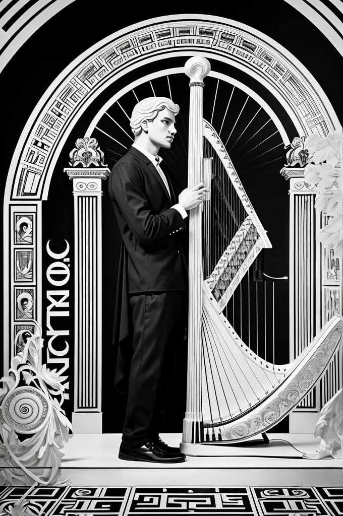 a black and white poster with a man holding a harp, oniric, graphic design poster, archaic, by Mirko Rački, official fanart behance hd, baroque vaporwave statue, streetwear graphic design, inspired by Petros Afshar, cherubic, beeple and alphonse mucha, by Kristian Kreković, graphic