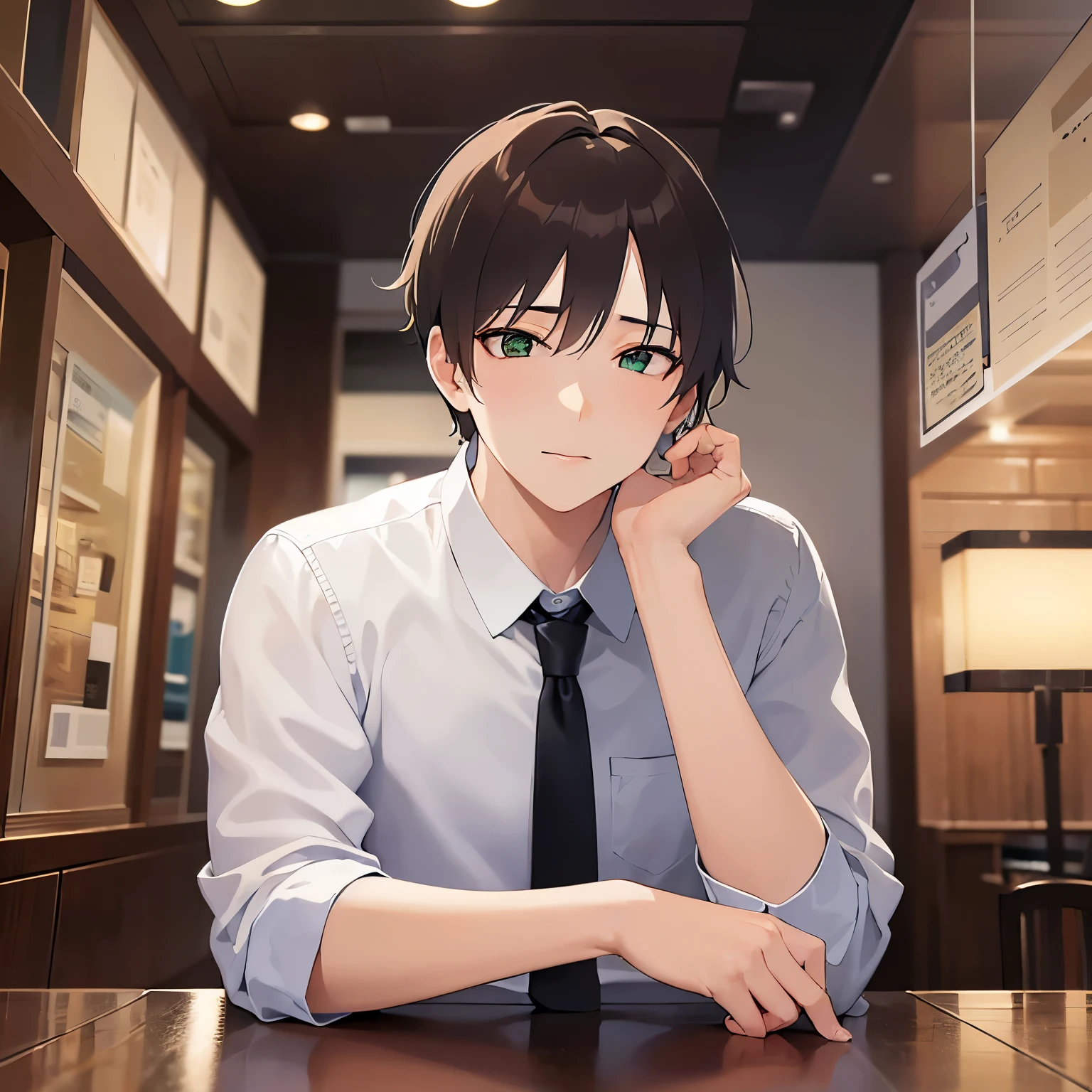 Look down,upper body,masterpiece、Highest quality、BREAK (25-year-old male:1.5) and (Mahogany brown short hair) and (Green Eyes)BREAK (white collared shirt) and (Green tie),The background is the interior of a restaurant at night.,Sitting