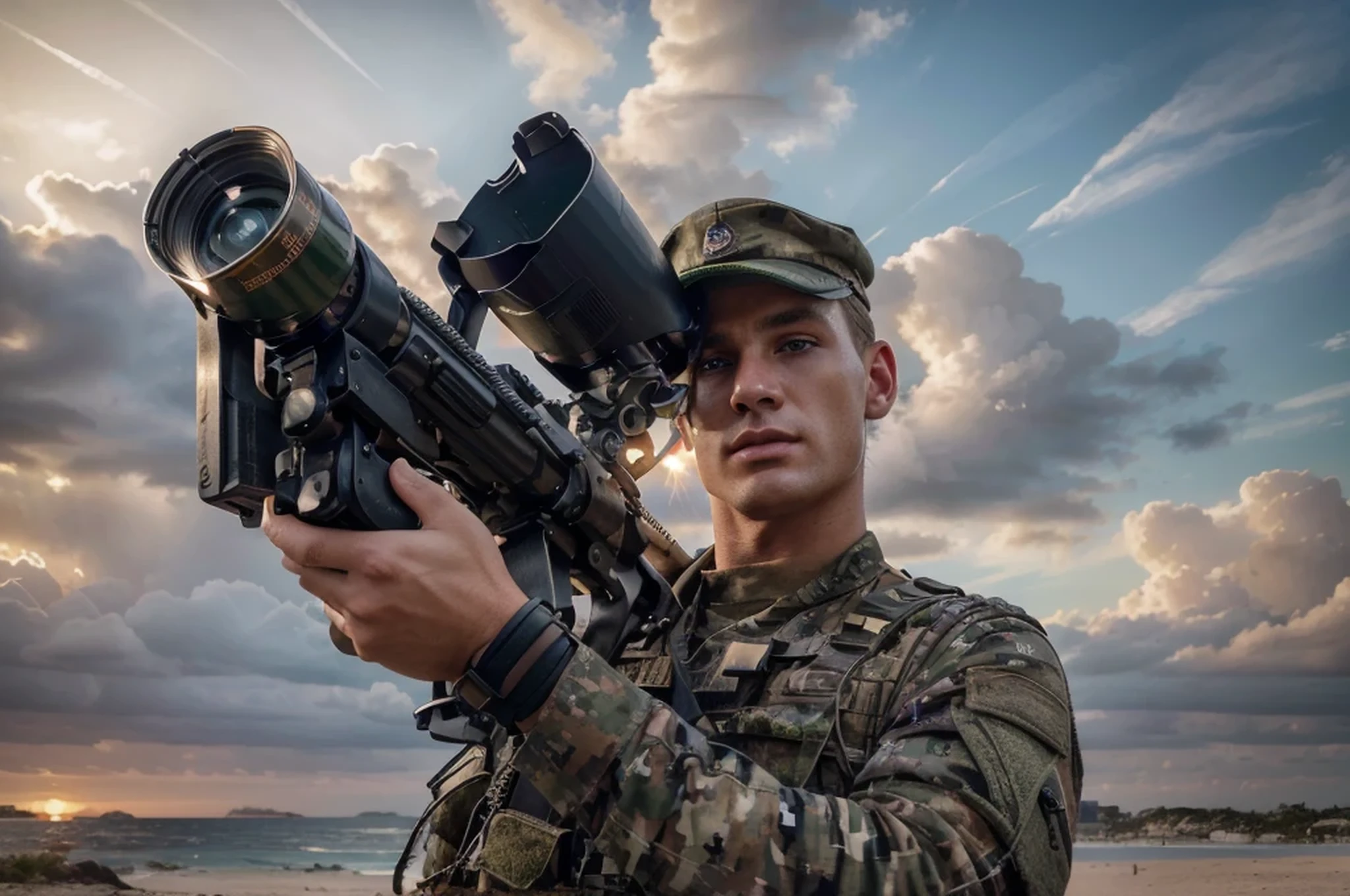 male soldier, Australian features, Highly detailed face, blonde hair, very short hair, wears a military cap, dark blue, Military uniform, dark blue and green, Belt with ammunition, Black leather gloves, Highly detailed hands, a laser bazooka, advanced bazooka, cyborg, background image, Australian beach, beautiful sunset, hyperrealistic, 4k, Ultra detailed image, realistic, Highly detailed, perfect composition, gorgeous, Intricately detailed, incredibly detailed, Art photography 8K, hyper detailed, Masterpiece, Ultra detailed, hyper realistic, 4k, Ultra detailed image, realistic, Highly detailed, perfect composition, beautiful, intricately detailed, incredibly detailed, art photography 8k, hyper detailed, masterpiece