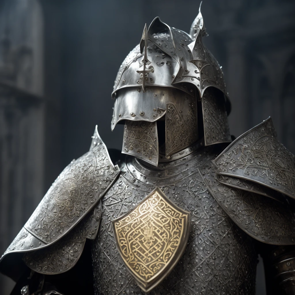 arafed knight in full armor, medieval crusader saint, Edward Norton as King Baldwin IV, medieval crusader saint, square-jawed in medieval clothing, paladin of light, medieval saint crusader knight, silver armor with gold ornaments and covered with white silk, shades clear, dramatic mask, dramatic light