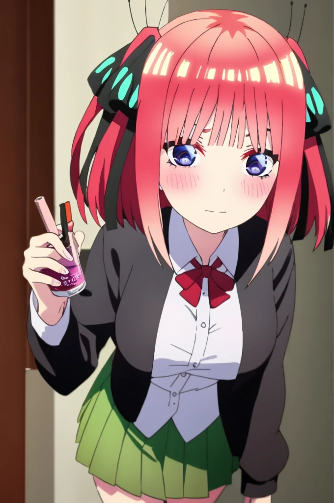 ((best quality)),((highly detailed)), masterpiece, absurdities, detailed face, beautiful face, (detailed eyes, deep eyes), ((dynamic pose)), pink hair, blue eyes, hair clip ornamental butterfly, black ribbon, skirt, hair ornament, shirt, bangs, ribbon, green skirt, white shirt, black cardigan, cardigan, open clothing, open cardigan, blunt bangs, hair band, closure, breasts, pleated skirt , V-shaped eyebrows, short hair, pigtails, collared shirt, indoors, medium hair, blush, alone, eyebrows hidden by hair, long sleeves, shy with rosy cheeks, looking at viewer shyly, two sides up, breasts large breasts, dress shirt, shiny hair, standing, shiny, looking at viewer, side perspective, medium breasts, viewer's perspective, holding viewer's hand and walking through Tokyo city at night. romantic moment.