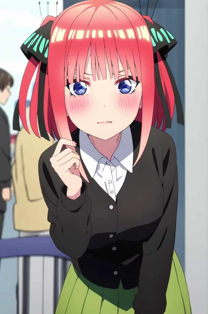((best quality)),((highly detailed)), masterpiece, absurdities, detailed face, beautiful face, (detailed eyes, deep eyes), ((dynamic pose)), pink hair, blue eyes, hair clip ornamental butterfly, black ribbon, skirt, hair ornament, shirt, bangs, ribbon, green skirt, white shirt, black cardigan, cardigan, open clothing, open cardigan, blunt bangs, hair band, closure, breasts, pleated skirt , V-shaped eyebrows, short hair, pigtails, collared shirt, indoors, medium hair, blush, alone, eyebrows hidden by hair, long sleeves, shy with rosy cheeks, looking at viewer shyly, two sides up, breasts large breasts, dress shirt, shiny hair, standing, shiny, looking at viewer, side perspective, medium breasts, viewer's perspective, holding viewer's hand and walking through Tokyo city at night. romantic moment.