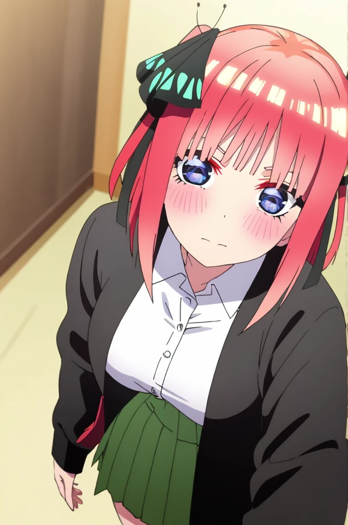 ((best quality)),((highly detailed)), masterpiece, absurdities, detailed face, beautiful face, (detailed eyes, deep eyes), ((dynamic pose)), pink hair, blue eyes, hair clip ornamental butterfly, black ribbon, skirt, hair ornament, shirt, bangs, ribbon, green skirt, white shirt, black cardigan, cardigan, open clothing, open cardigan, blunt bangs, hair band, closure, breasts, pleated skirt , V-shaped eyebrows, short hair, pigtails, collared shirt, indoors, medium hair, blush, alone, eyebrows hidden by hair, long sleeves, shy with rosy cheeks, looking at viewer shyly, two sides up, breasts large breasts, dress shirt, shiny hair, standing, shiny, looking at viewer, side perspective, medium breasts, viewer's perspective, holding viewer's hand and walking through Tokyo city at night. romantic moment.