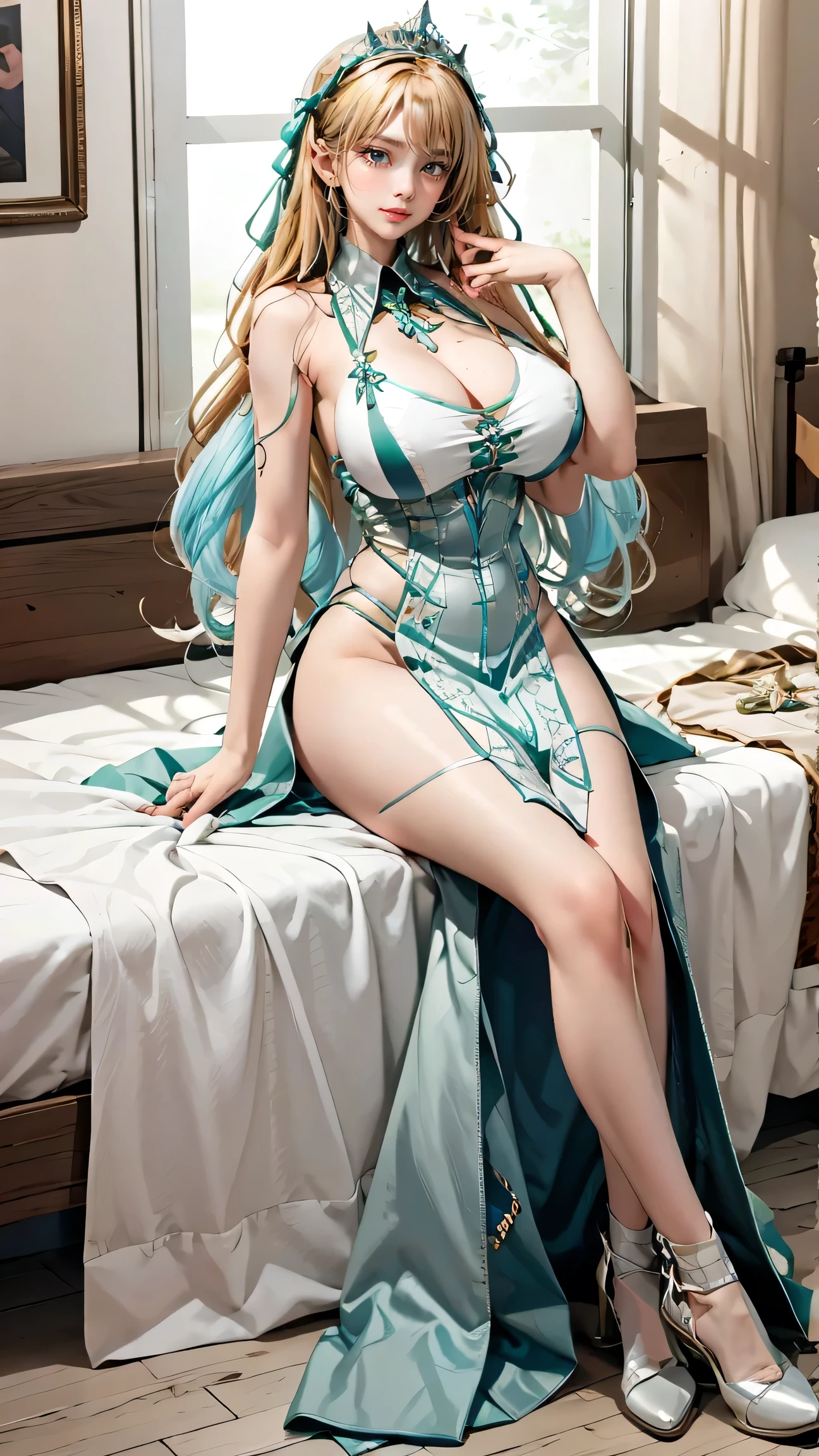 Best quality, masterpiece, ultra high res, raw photo, beautiful and aesthetic, deep shadow, fairy theme,(ultra detailed:1.3),
1girl, sitting pose, headdress, (beautiful face, detailed eye:1.2), embarrassed, drill hair, long hair, blonde hair, gradient hair, yellow eyes, solo, (busty breasts, gigantic breasts:1.1), big hair, blue hair, divine goddess, looking at viewer, indoors, royal palace, luxurious bedroom, canopy bed, candlelight, room full of curtain, astraea, full body, Special clothes58,white dress,pantyhose,green ribbon,striped,